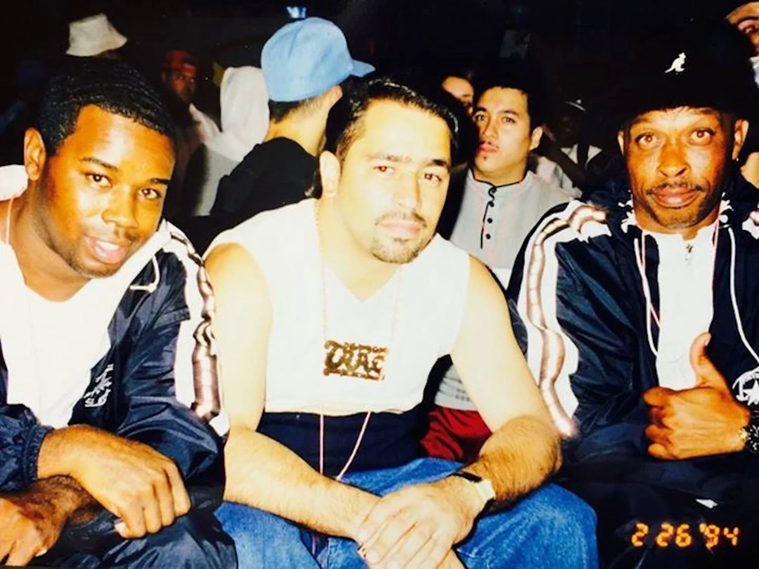 Trac 2 with Boogaloo Sam and Popping Pete, showing Chino in the background, 1994. Courtesy of Bboy London.