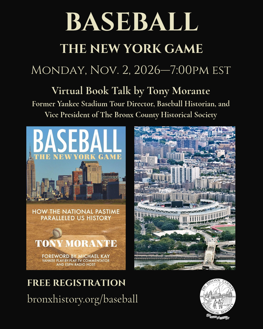 flyer for baseball the new york game virtual book talk on nov. 2 at 7:00pm Eastern