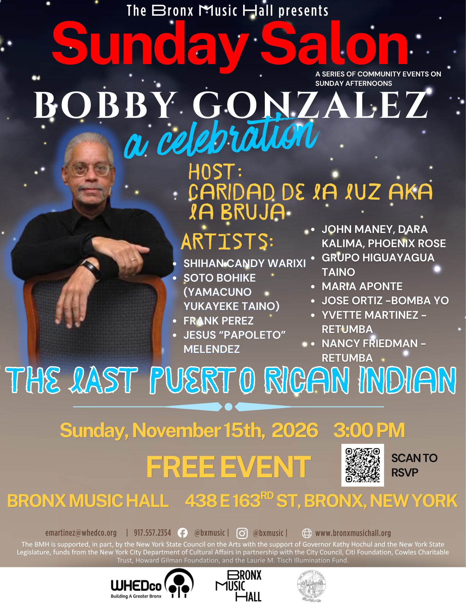 flyer for bobby gonzalez a celebration at bronx music hall november 15, 2026