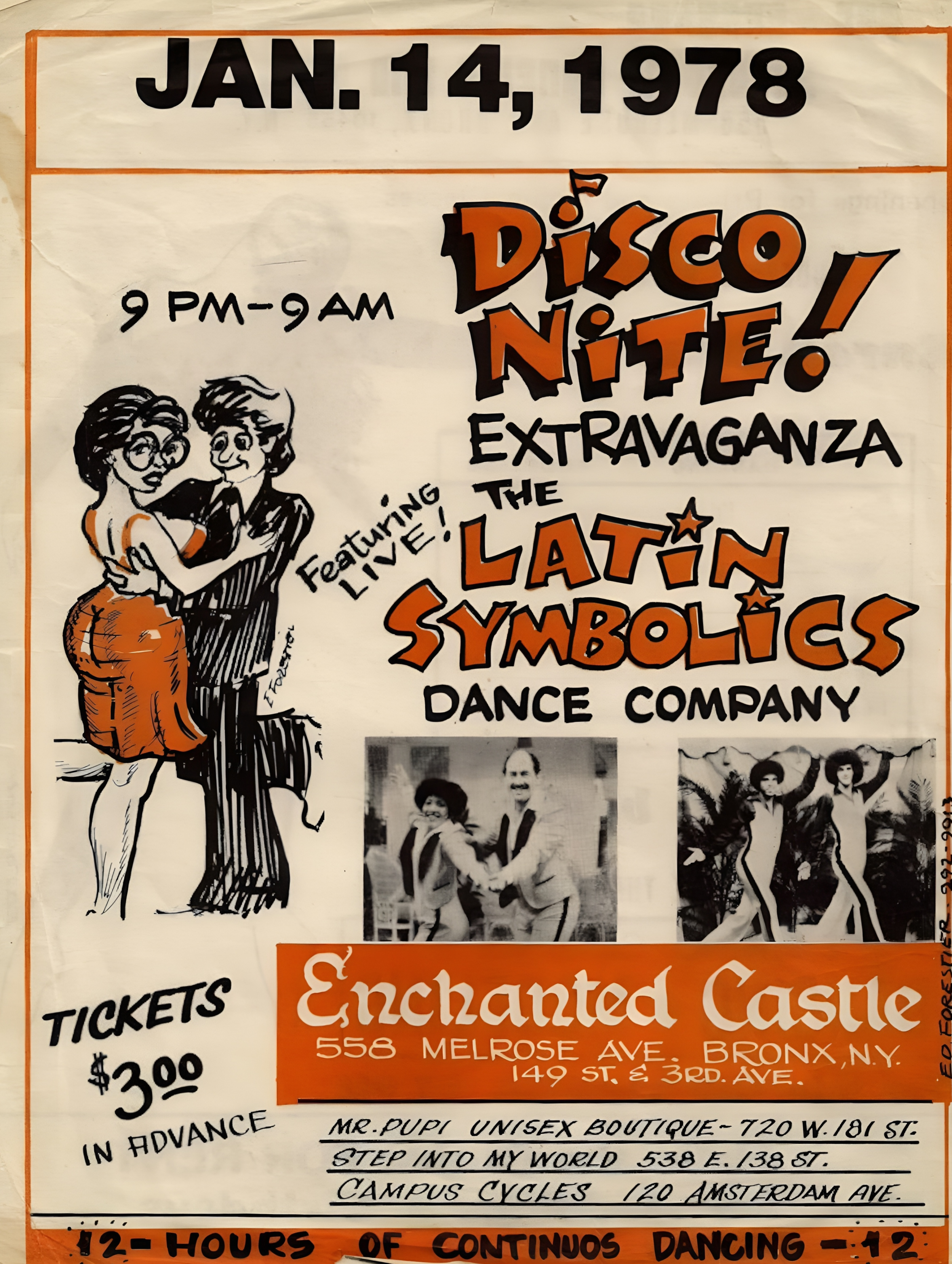 Flyer for Disco Nite! featuring The Latin Symbolics at the Enchanted Castle in The Bronx. Courtesy of Willie Estrada.