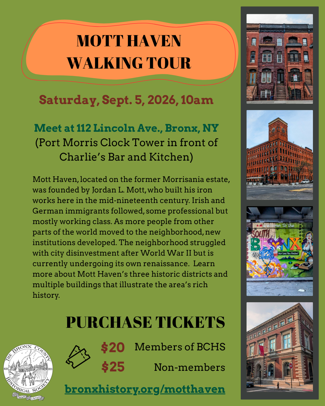 mott haven walking tour flyer for saturday sept 5 at 10am