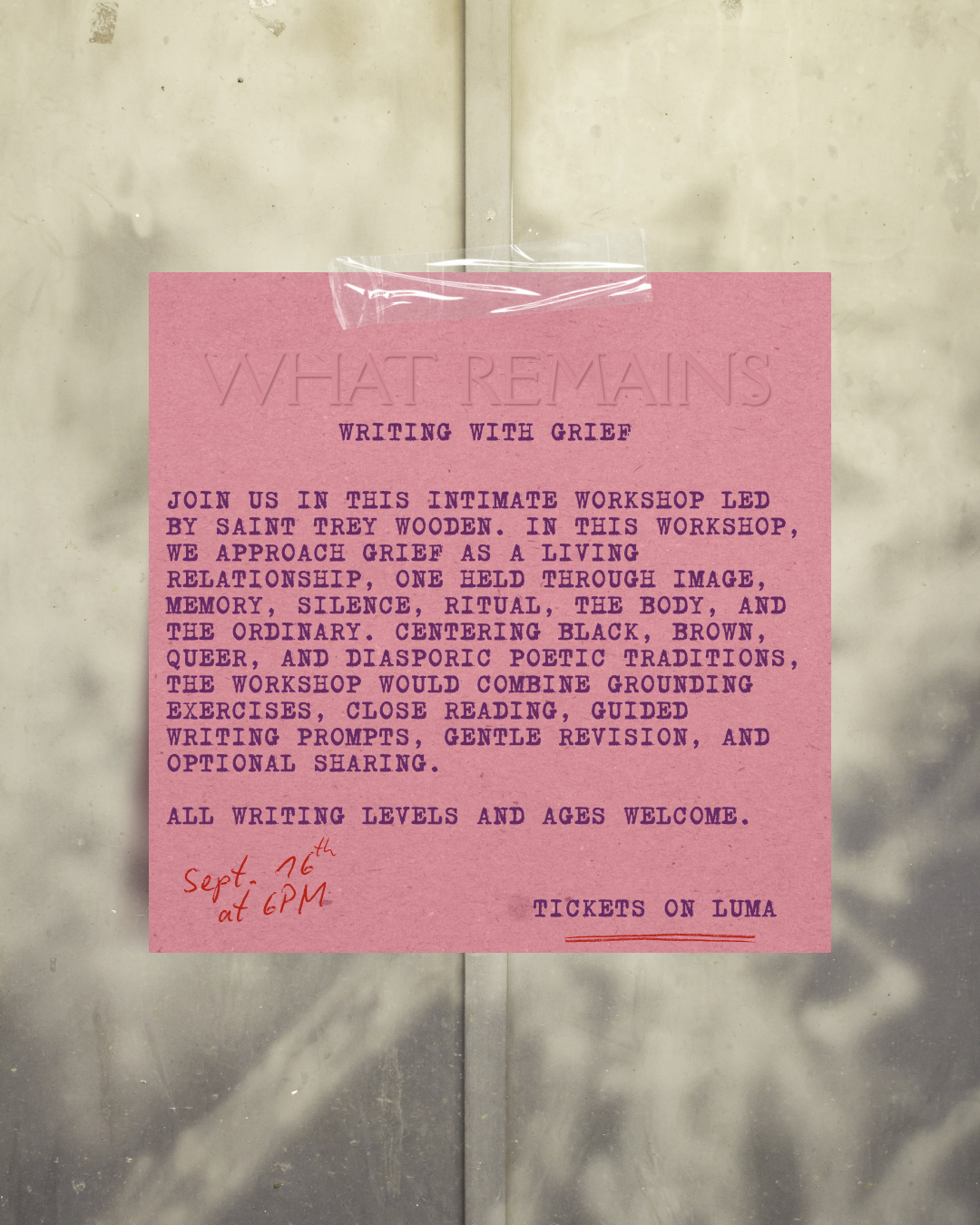 flyer for what remains writing workshop
