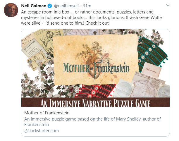 Getting tweeted by Neil Gaiman was a highlight of the Kickstarter campaign.