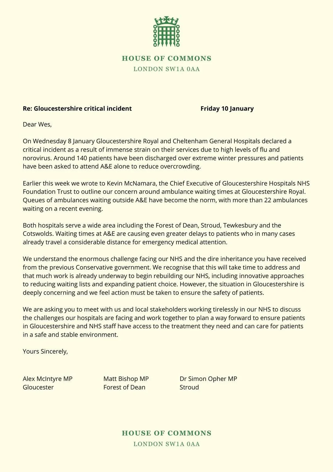 Letter from the House of Commons regarding the Gloucestershire critical incident, dated January 10, with a green emblem at the top.