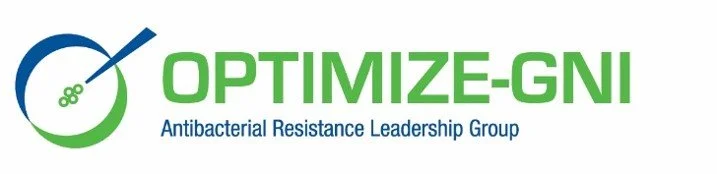 Logo for OPTIMIZE-GNI, an antibacterial resistance leadership group, featuring a green circle with a stylized pair of scissors inside.