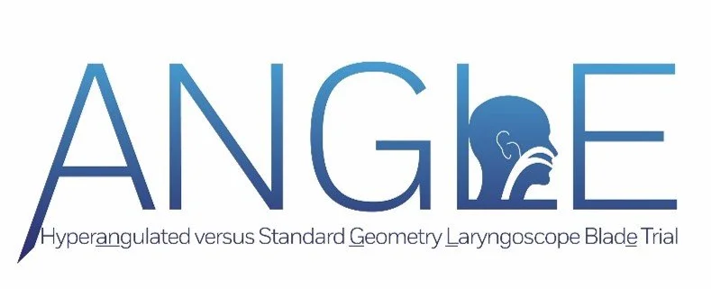 Logo with the word 'ANGLE' in large blue letters, featuring a laryngoscope blade as part of the letter 'L', and text below reading 'Hyperangled versus Standard Geometry Laryngoscope Blade Trial.'