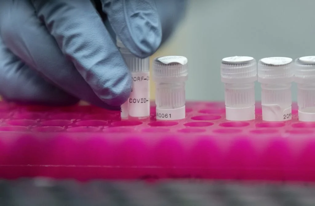 A gloved hand handling a test tube labeled COVID, with several other test tubes in a rack nearby.