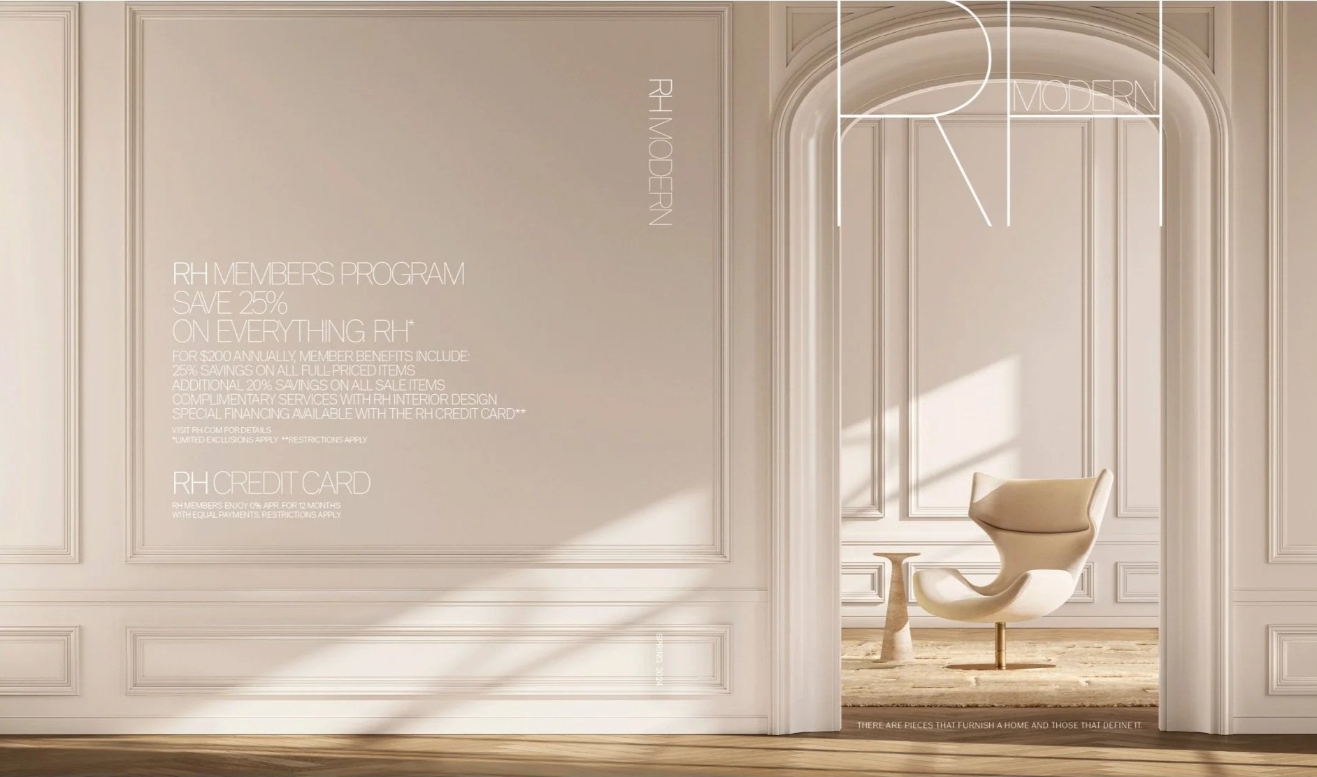 An elegant room with wainscoting and molding, featuring minimalistic text about a membership program, with a modern white chair in an adjacent space illuminated by natural light.