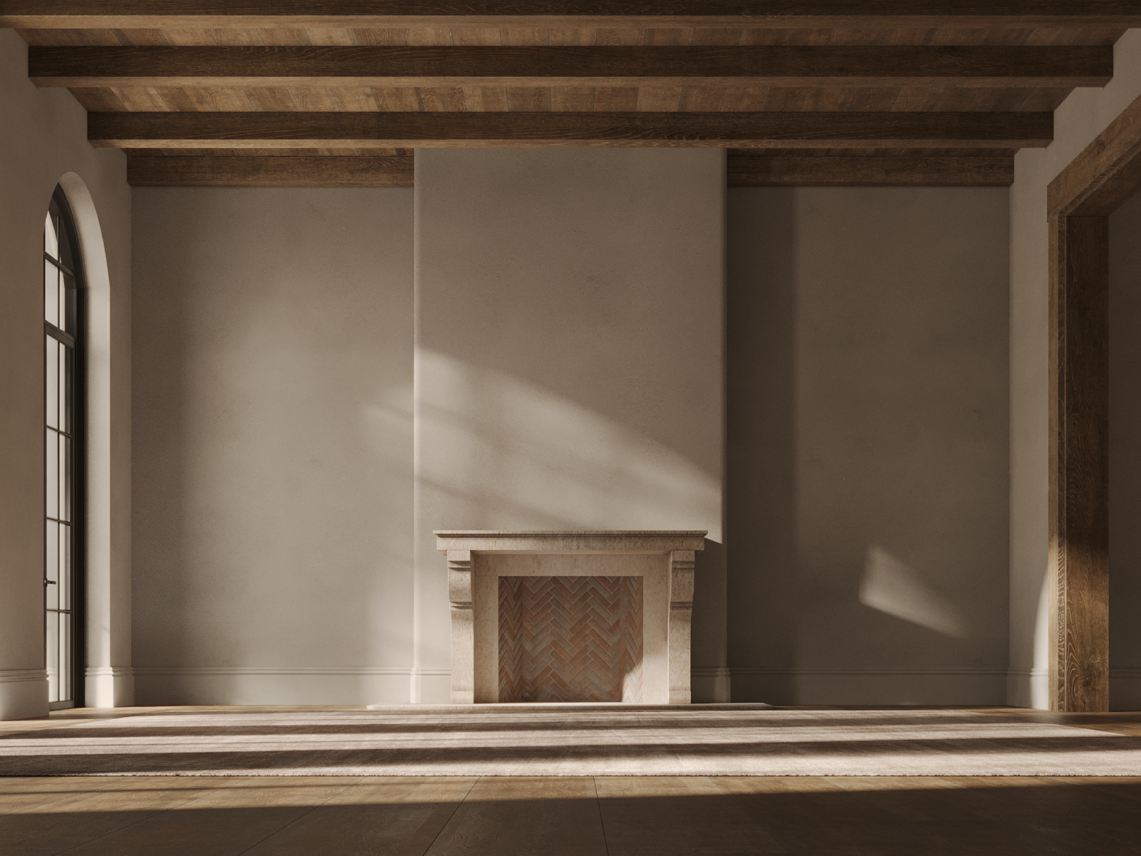 Empty room with large arched window, beige walls, wooden ceiling beams, and a central fireplace