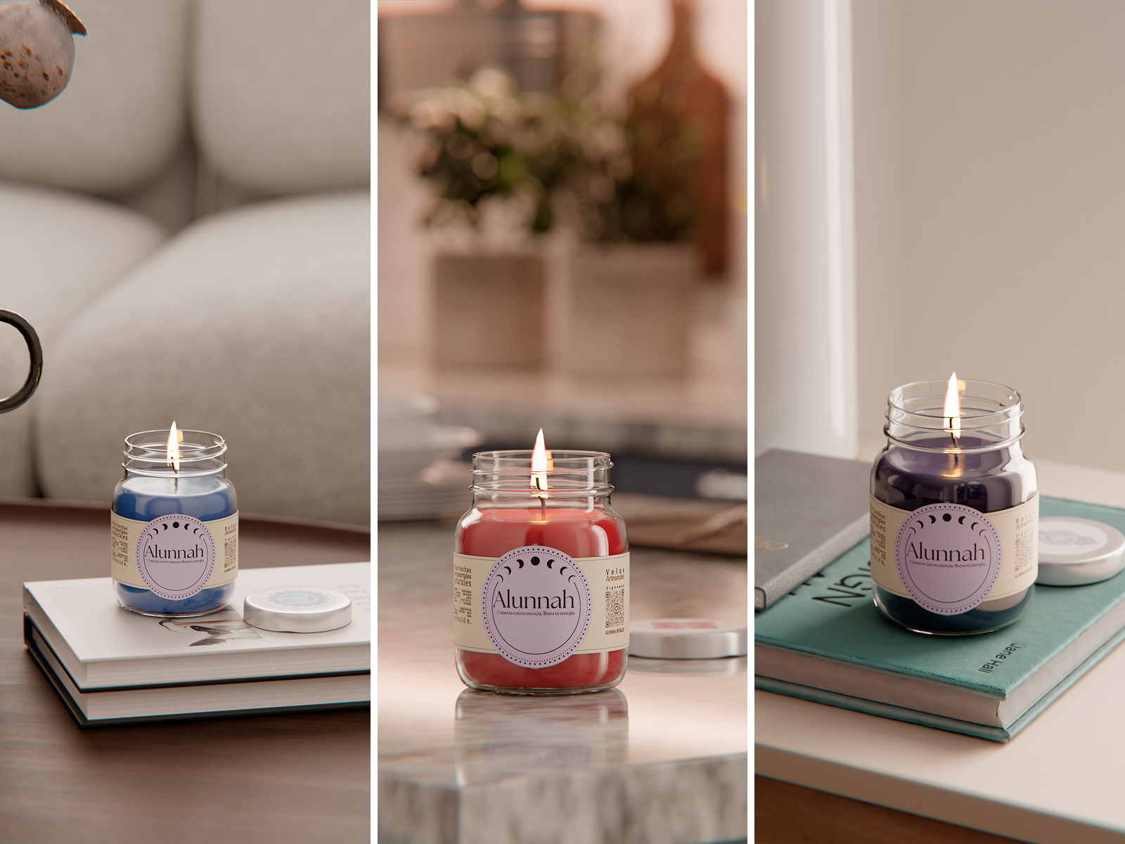 Triptych of three candles in jars with labels reading 'Alunnah,' each on different surfaces, with blurred home decor background.
