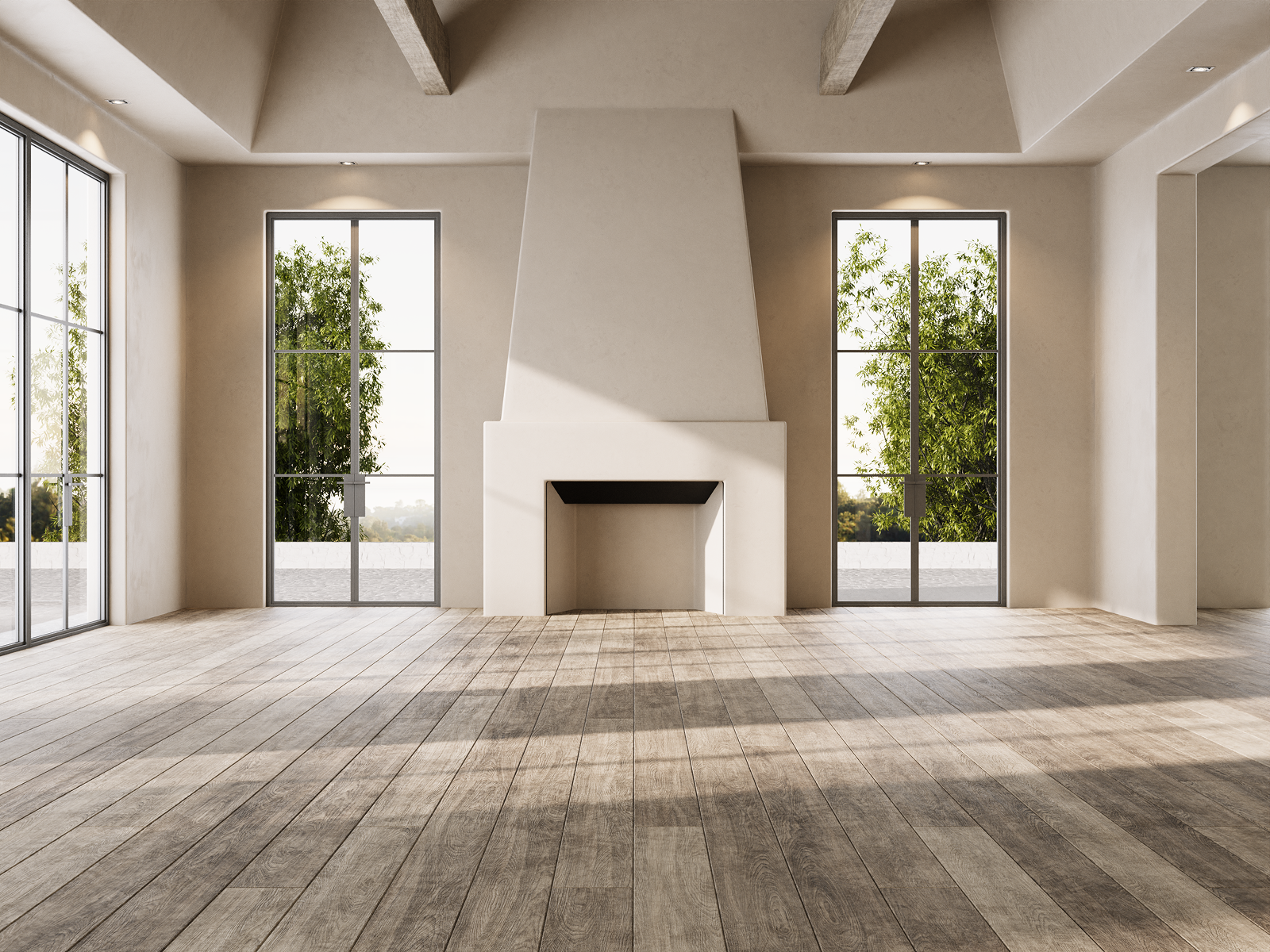 Empty living room with large windows, a white fireplace, wood flooring, and wooden beams on the ceiling.