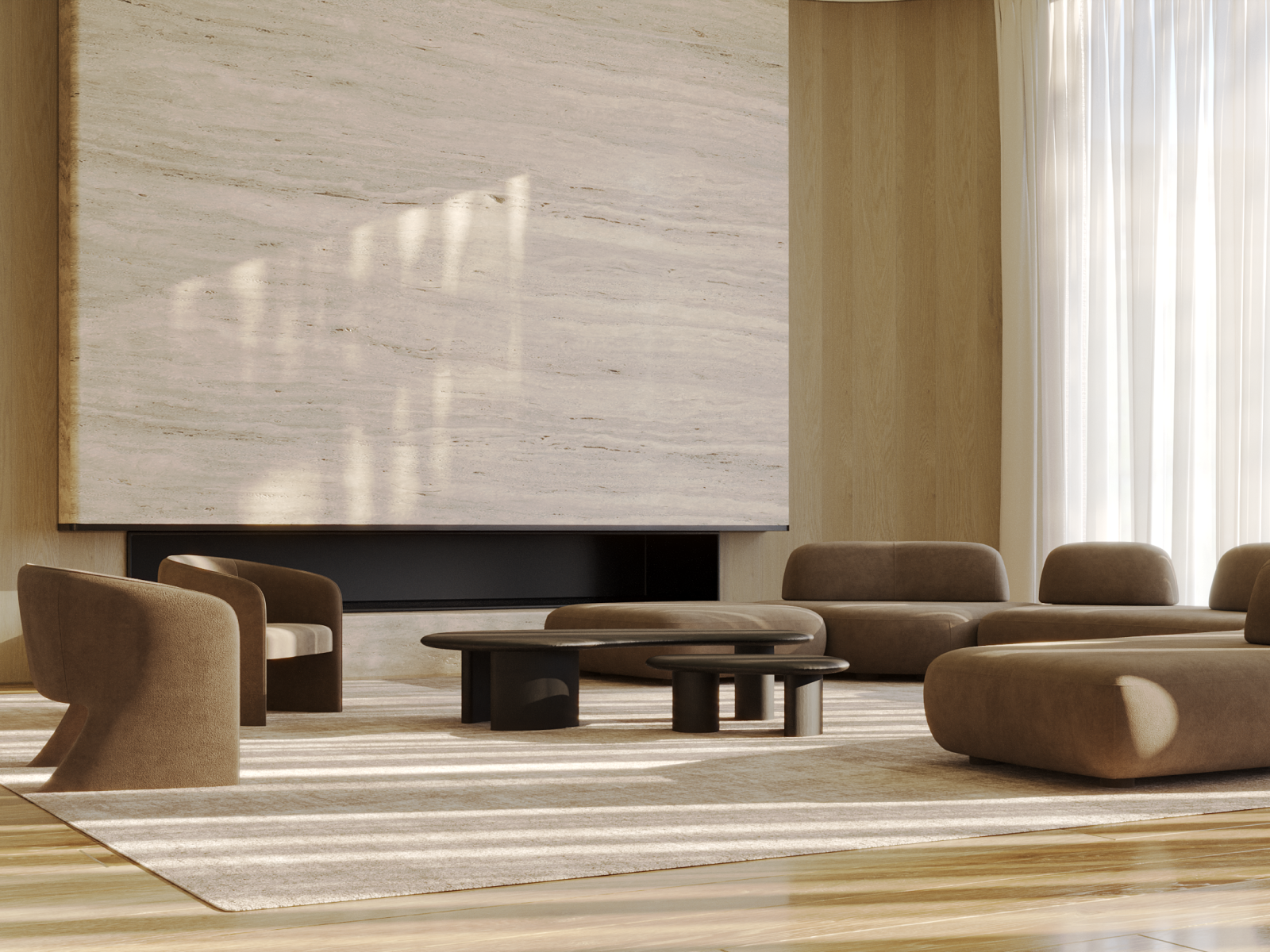 Modern living room with beige couches, black coffee tables, large marble wall, striped rug, and tall curtains letting in sunlight.