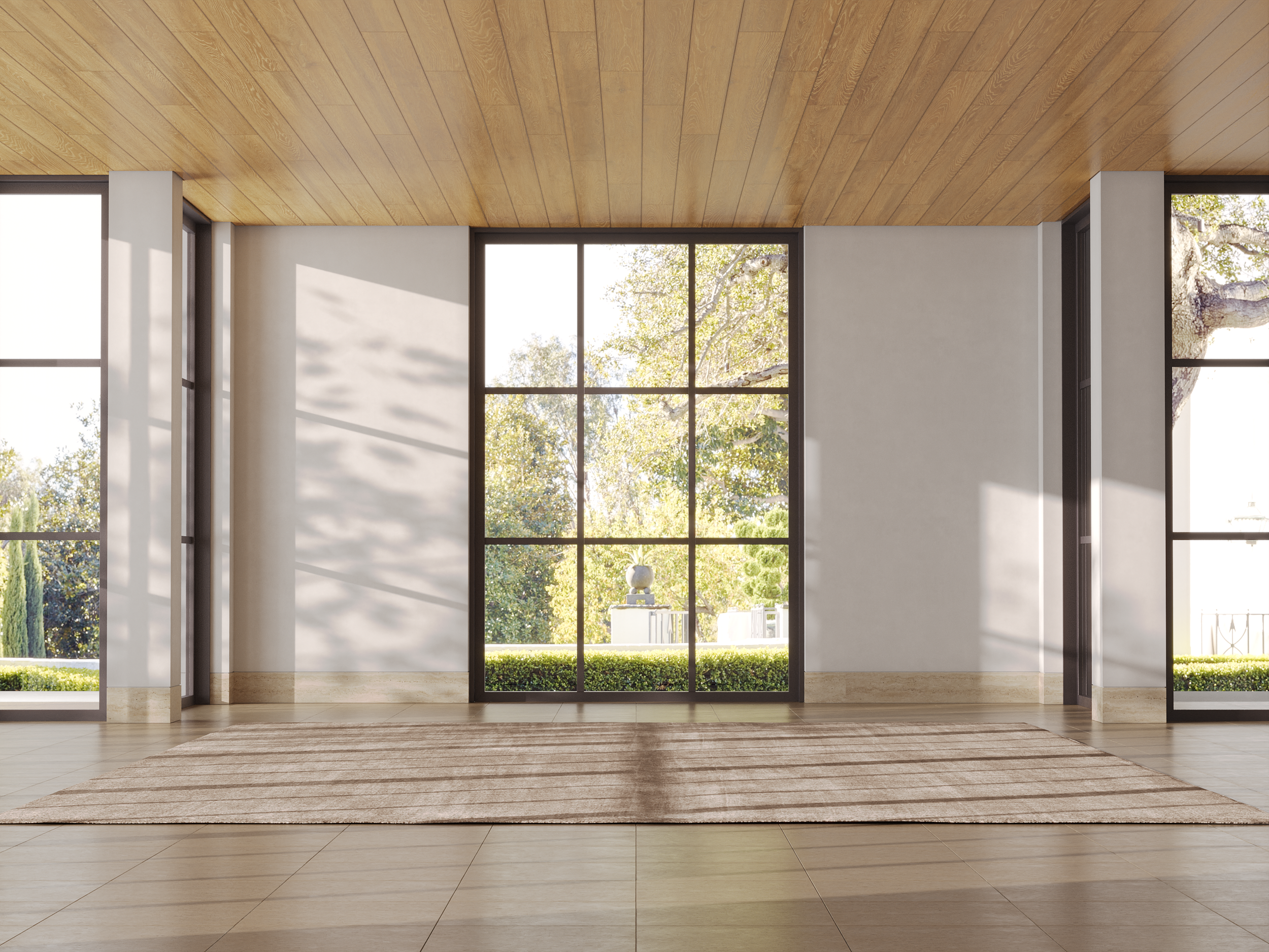 Modern interior with large windows revealing a garden outside, wooden ceiling, tiled floor, and beige rug.