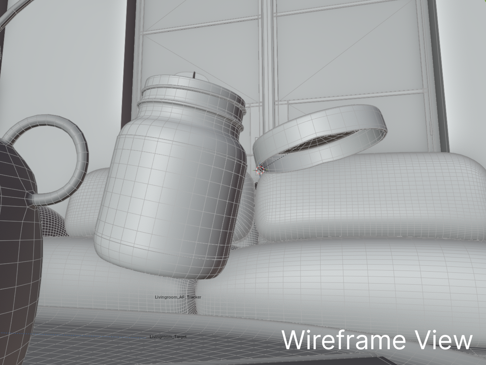 Wireframe of a kitchen scene with a mug, a jar, a container with a lid, and a couch in the background.