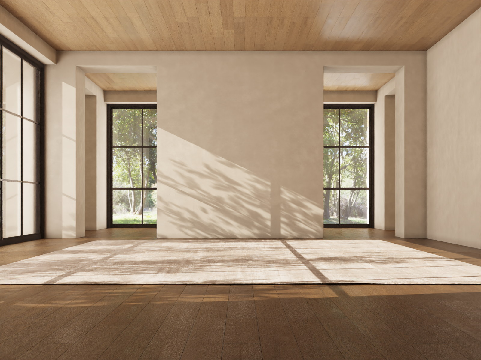 Empty room with large windows letting in sunlight, a beige rug on wooden floor, and walls with natural light and shadows from trees outside.