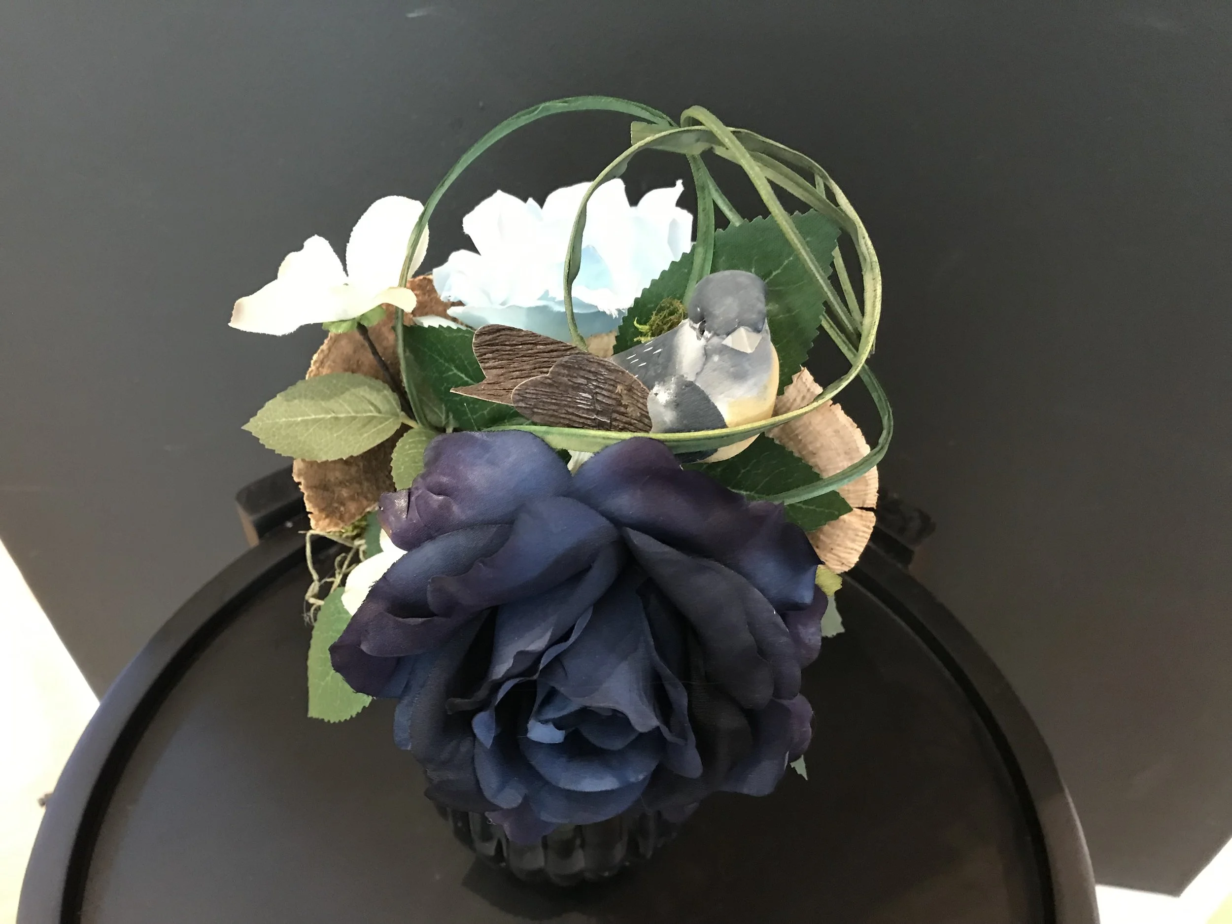 Enchanted Blue Rose Floral Arrangement with Bird Accent