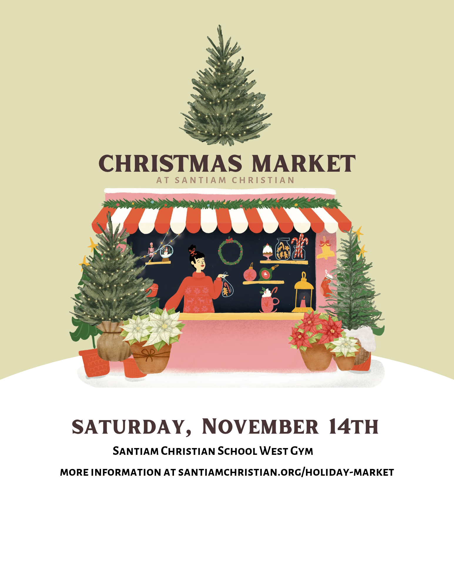 Illustration of a Christmas market event at Santiam Christian School, featuring a festive stand with holiday decorations, surrounded by Christmas trees and poinsettias, with a woman selling ornaments, scheduled for Saturday, November 16th.