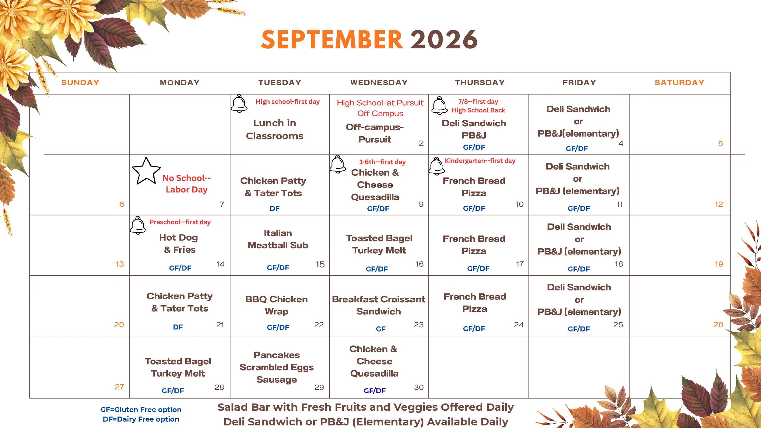 September 2026 school lunch menu with weekly schedule, featuring items such as chicken patty, tater tots, Italian meatball sub, toasted bagel, and Deli sandwich, decorated with autumn leaves in the corners.