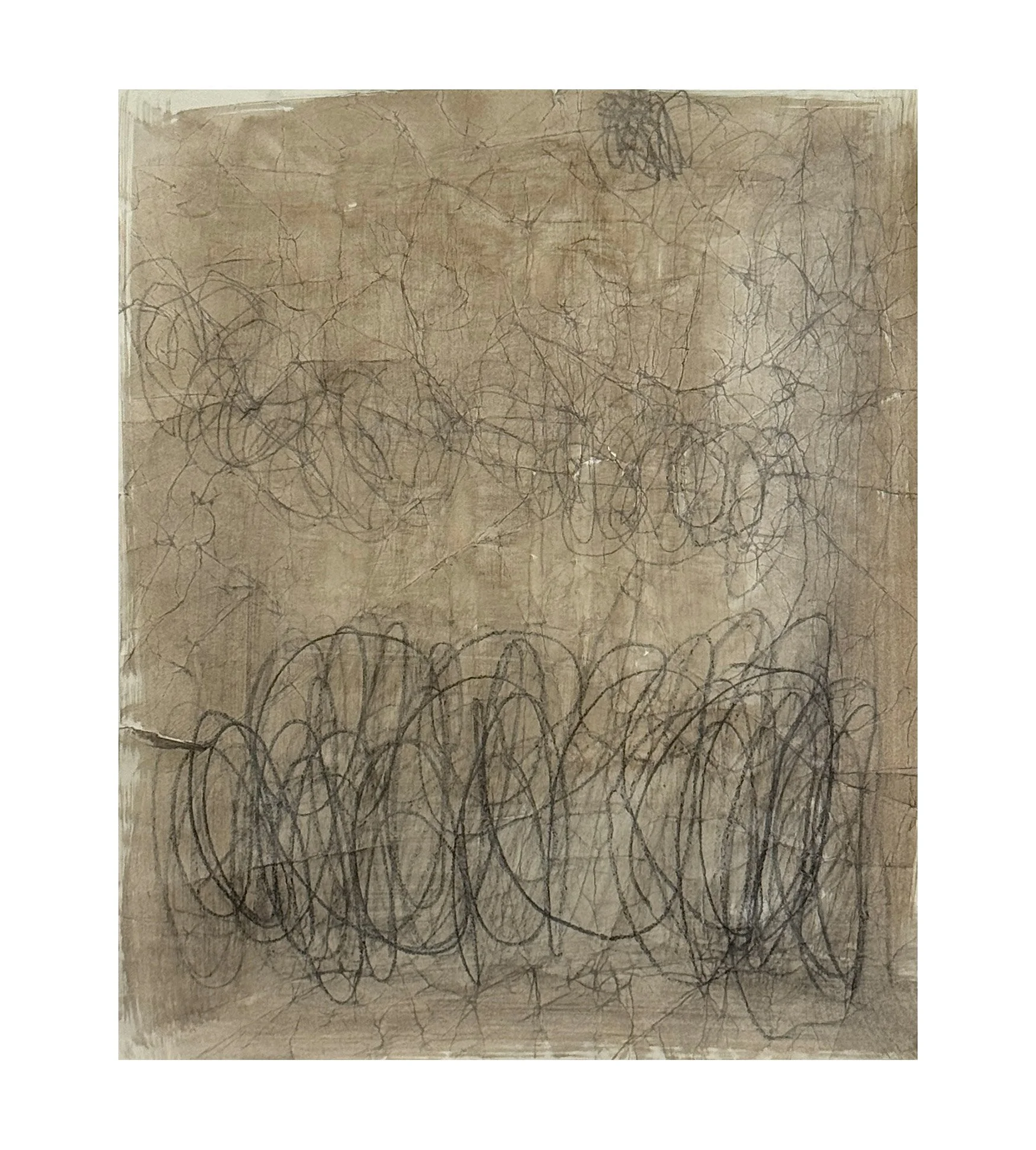 55 - 2026 - A mix of media including, pencil, crayon, acrylic, collage on crumpled, torn paper.