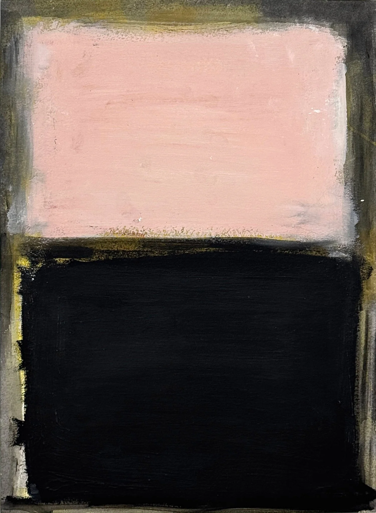156-2025 - Soft Pink - Deep Black - on Olive.  Mixed Media on Watercolour paper 11" x 15"
