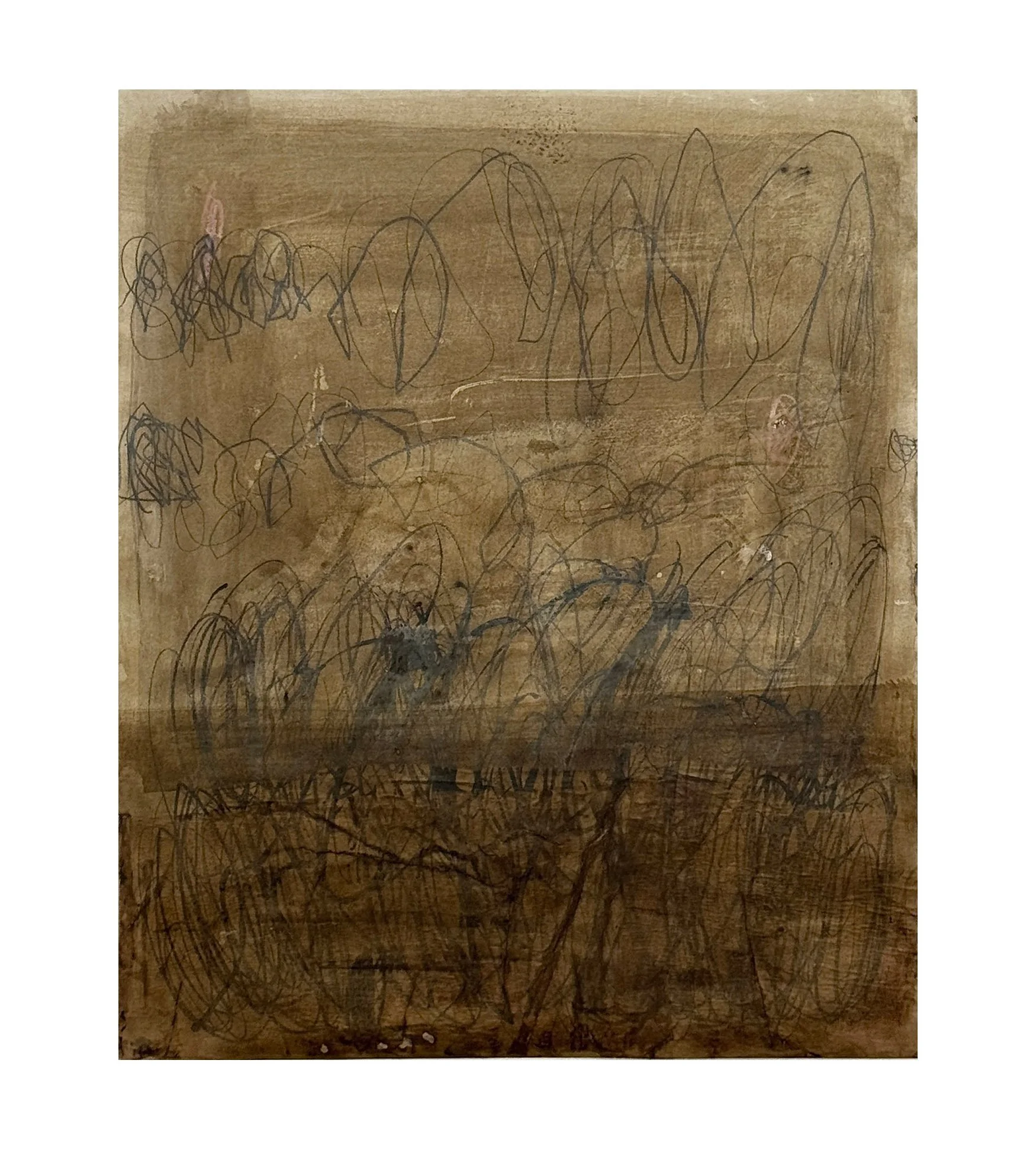 54 - 2026 - A mix of media including, pencil, crayon, acrylic, collage on crumpled, torn paper.