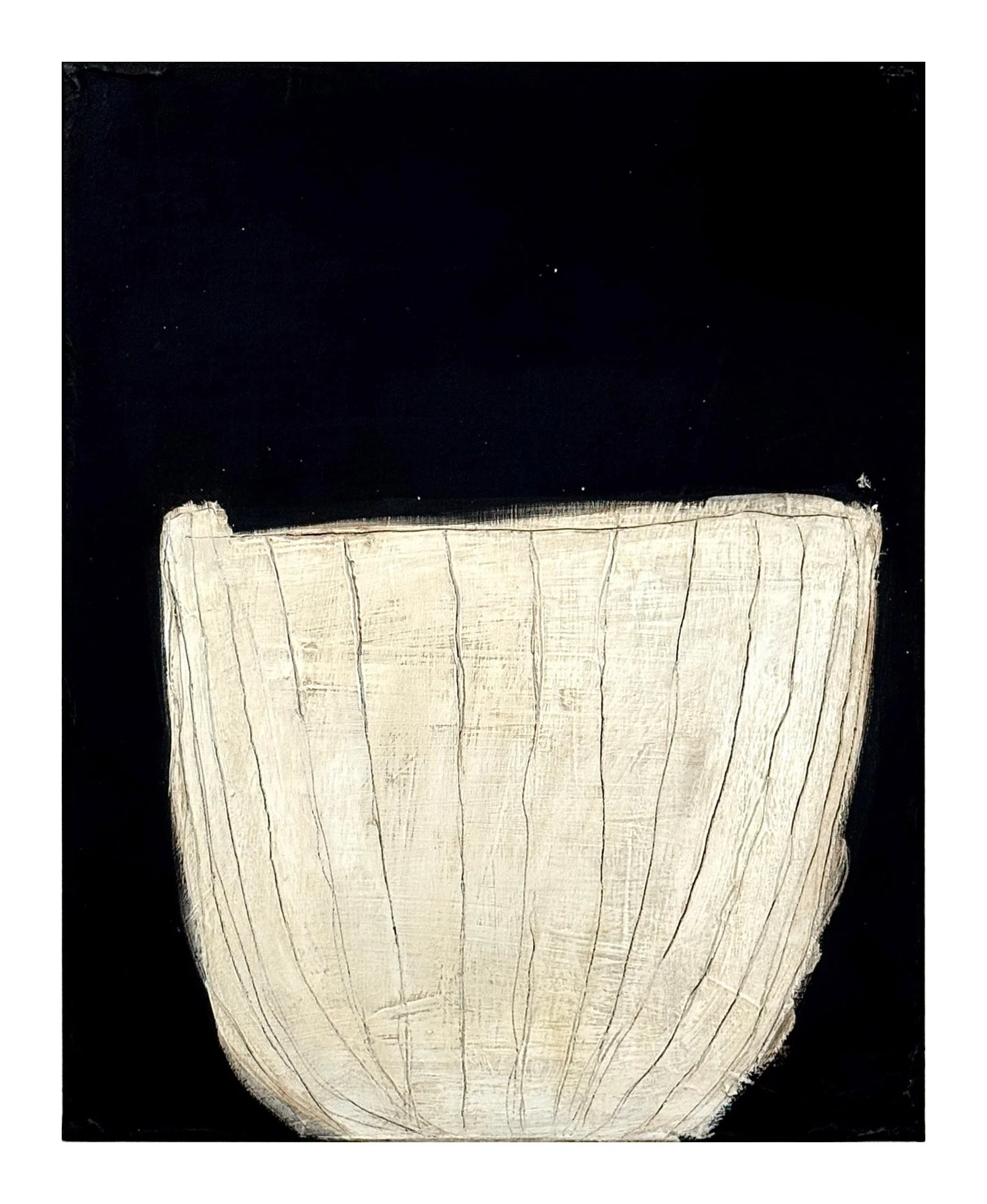 136 - 2025 Acrylic on canvas 16 x 20 - Bone White bowl with carved lines - on Deep Black