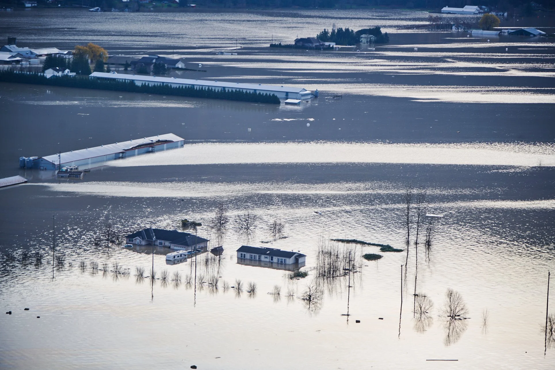 Flooded residential area with water rising around houses, trees, and farm structures, severe flooding causing submersion of the land.