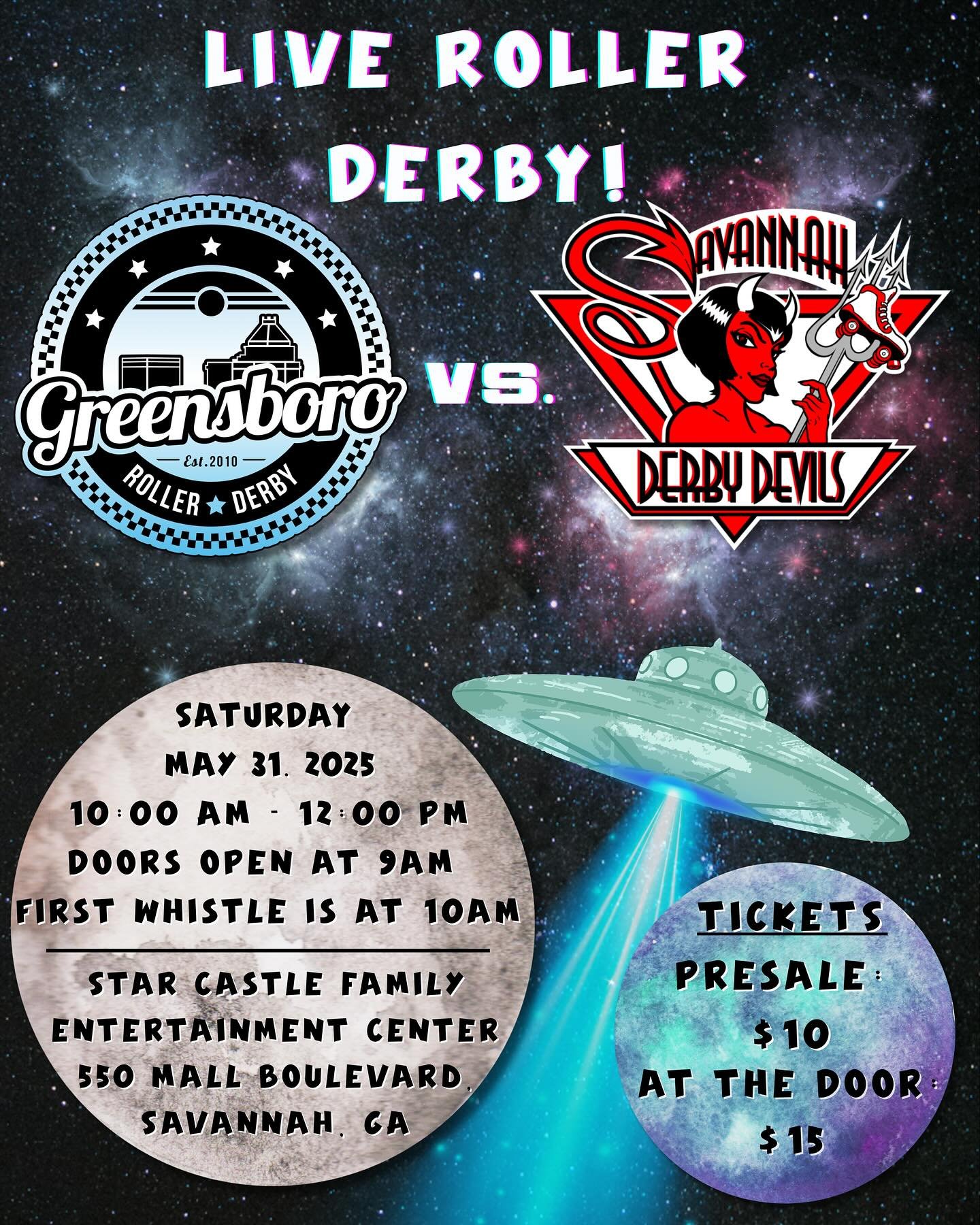 🌟We&rsquo;re headed to Savannah, GA THIS Saturday May, 31! 🌟 

🛸Come out and see us go head to head against the Savannah Derby Devils at the Star Castle Family Entertainment Center (550 Mall Boulevard, Savannah, Georgia) 🪐

Doors open at 9 AM! Ti