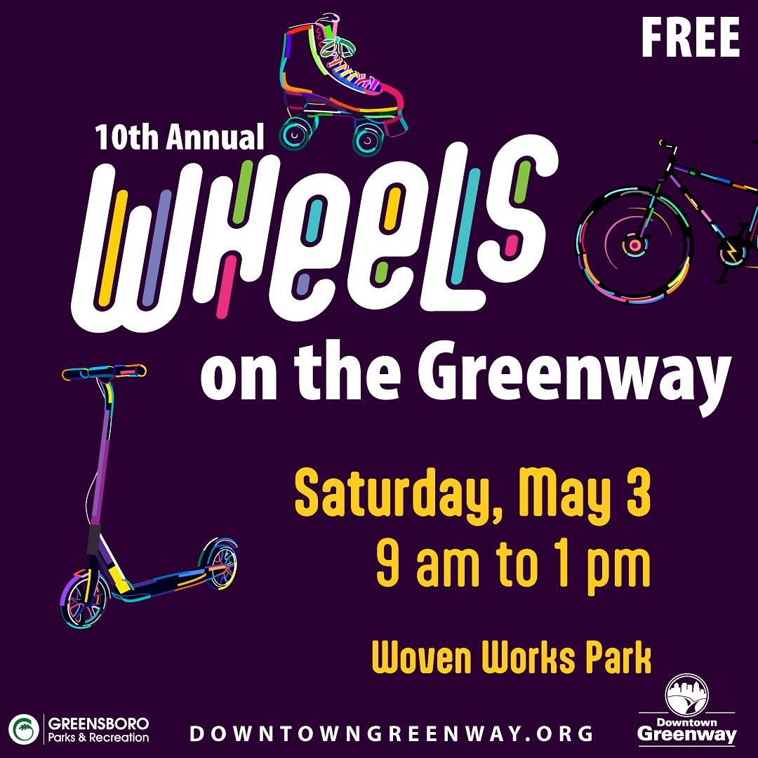 ✨The 10th annual Wheels on the Greenway event is TOMORROW! This is a FREE community event that celebrates wheels of all kinds hosted by Downtown Greenway 🛼🛹🚲✨

Come join us at Woven Works Parks in Greensboro from 9 AM - 1 PM!!! We look forward to 