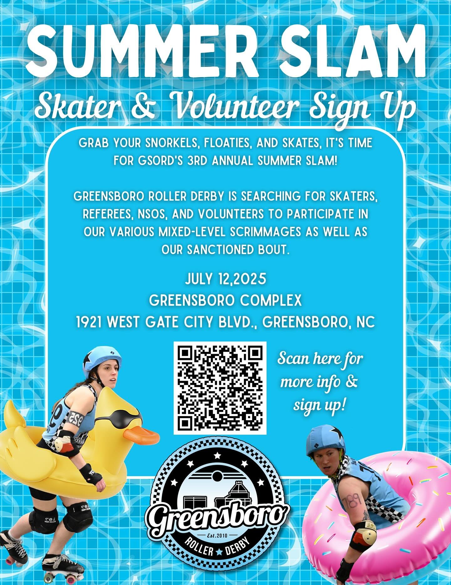 🌞🏄&zwj;♀️🛼 It&rsquo;s time for GSORD&rsquo;s 3rd Annual Summer Slam! 🛼🏄&zwj;♂️🌊
📅 July 12th
📍 Novant Field House
1921 W Gate City Blvd, Greensboro, NC

Grab your snorkels, floaties, and skates &mdash; this summer roller derby bash is gonna be