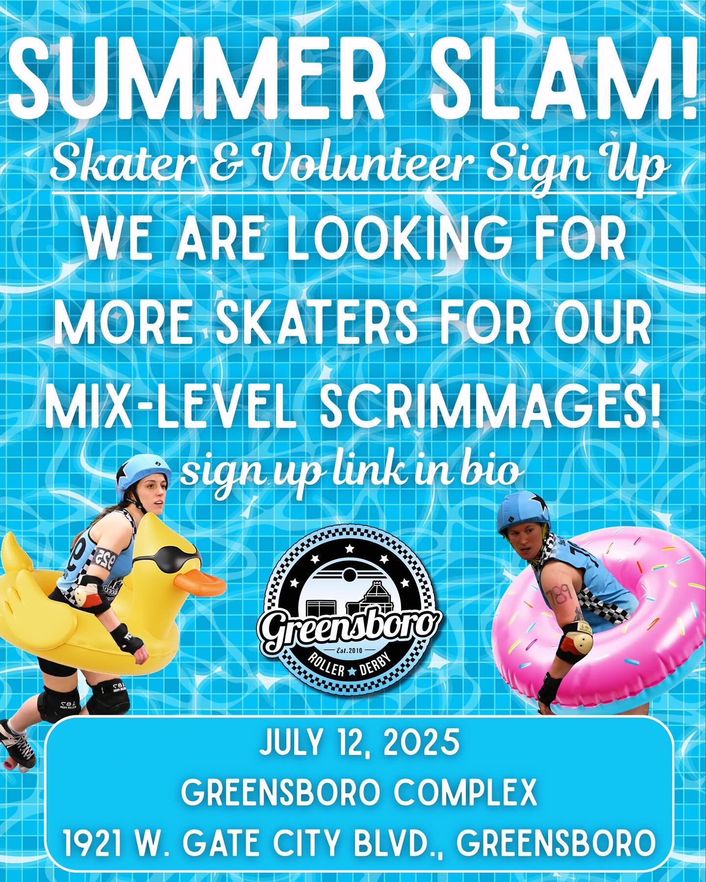 🌞🏄&zwj;♀️🛼 It&rsquo;s time for GSORD&rsquo;s 3rd Annual Summer Slam! And we&rsquo;re looking for MORE SKATERS for our mix-level scrimmages!! 🤩

📅 July 12th
📍 Novant Field House
1921 W Gate City Blvd, Greensboro, NC

Grab your snorkels, floaties