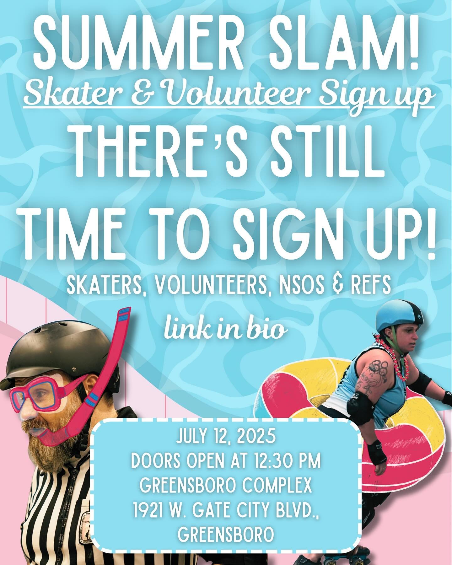 🌞🏄&zwj;♀️🛼 It&rsquo;s time for GSORD&rsquo;s 3rd Annual Summer Slam! 🛼🏄&zwj;♂️🌊

📅 July 12th
📍 Novant Field House
1921 W Gate City Blvd, Greensboro, NC

Grab your snorkels, floaties, and skates &mdash; this summer roller derby bash is gonna b