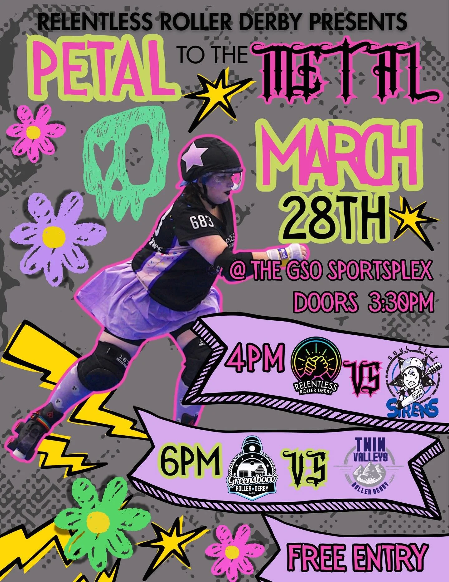 Season opener coming in hot next month against @twinvalleysrollerderby 🔥

Huge thanks to @relentlessrollerderby for hosting us 🩵

Join us at the Greensboro Sportsplex
Doors open at 3:30 PM

🌟 Relentless vs. Soul City Sirens at 4 PM
🌟 GSORD vs. Tw