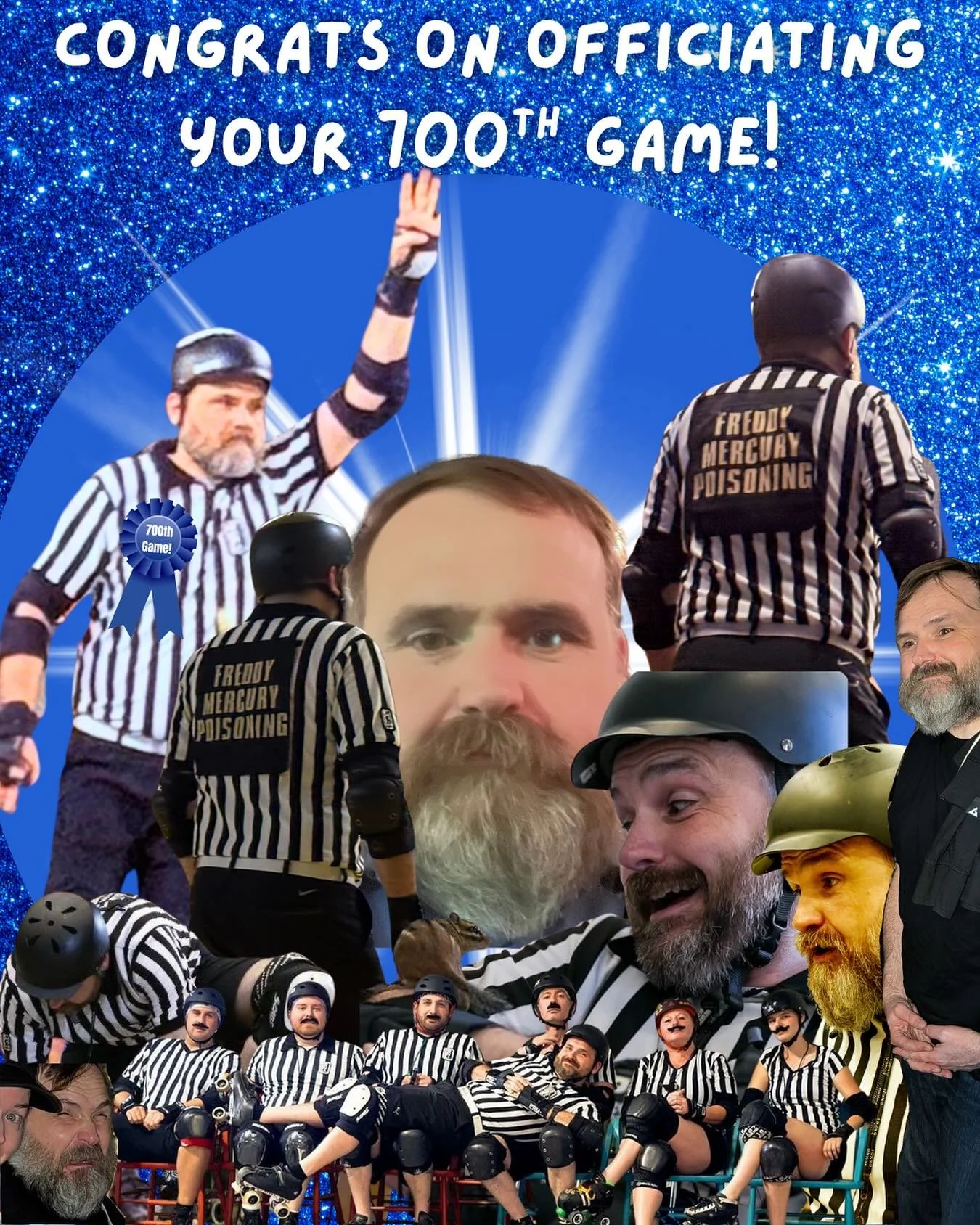 PACK IS HERE and so is Greensboro Roller Derby&rsquo;s own Freddy Mercury Poisoning who just reffed his 700th game 🤯

Congrats on 700 games officiated, you magnificent whistle-wielder. 👑💚