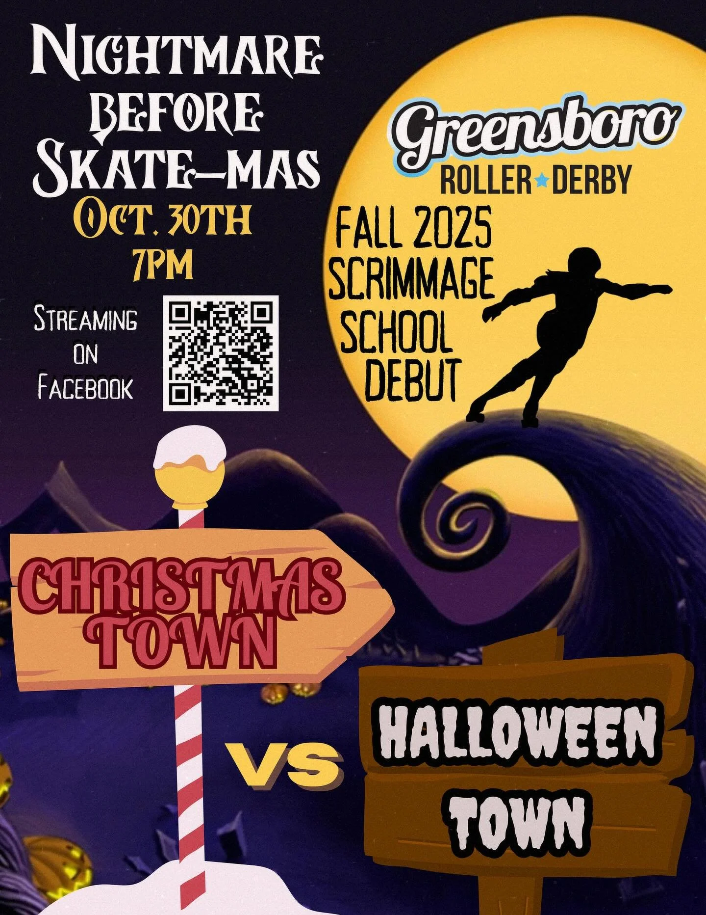 🎃It&rsquo;s a Spooky Skate Spectacular!🎃

Our Fall 2025 Scrimmage Schoolers are making their DERBY DEBUT this Thursday! 🛼🔥 we will be streaming the event LIVE on our Facebook page! Scan the code or go to the link in our bio! 💀

Don&rsquo;t miss 