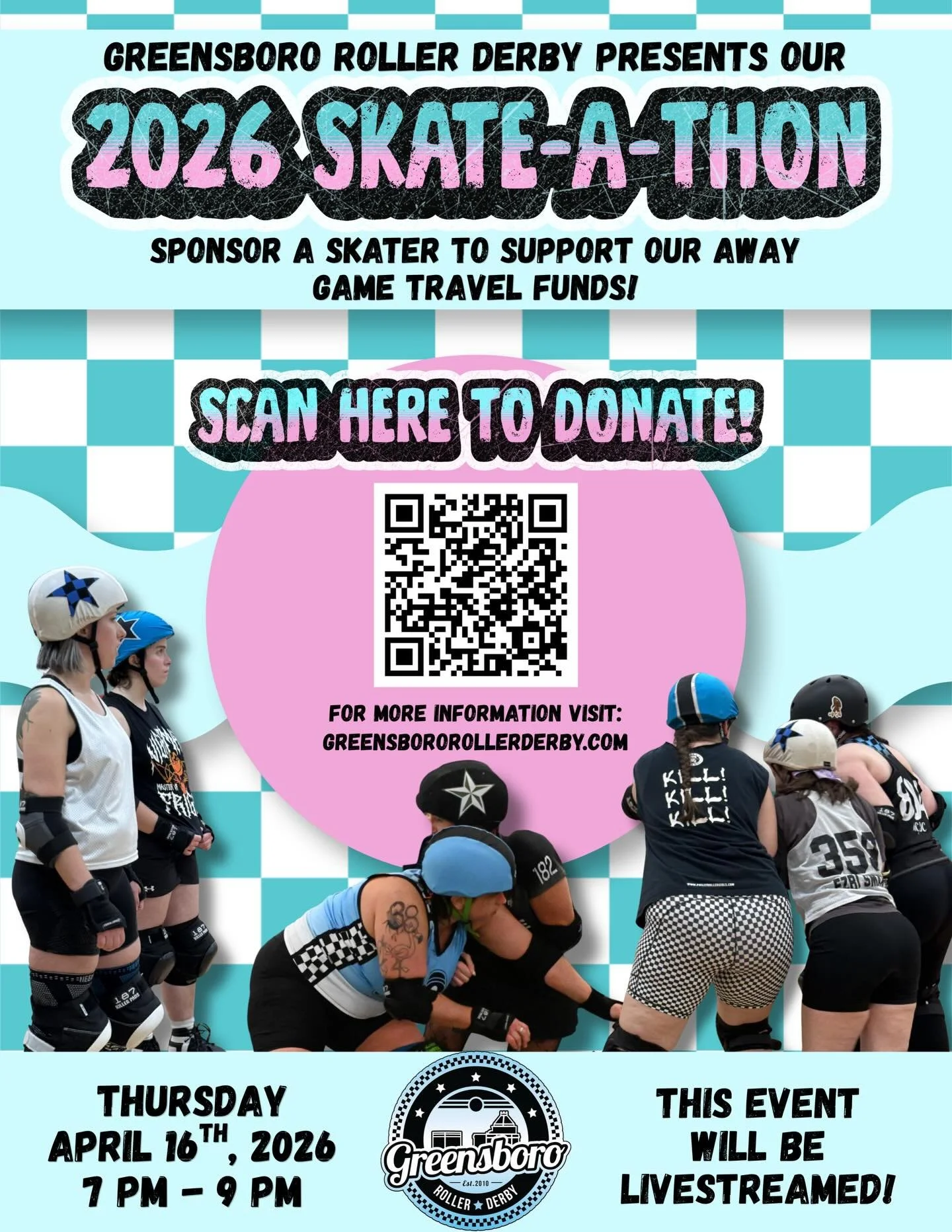 Greensboro Roller Derby&rsquo;s Skate-A-Thon is just 11 days away and we are so excited. We will be racking up laps to help raise funds for away game travel this season, and every bit of support helps keep our wheels rolling.

You can join the fun by