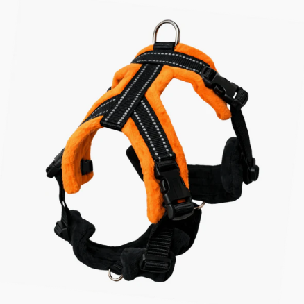 PERFECT FIT HARNESS. FULLY adjustable design w/ 3 individually sized pieces, 5 points of adjustment, front & back leash attachment points, neck buckles (harness doesn’t need to go over the dog's head), fleece padding on all straps, 15mm, 20mm or 40mm