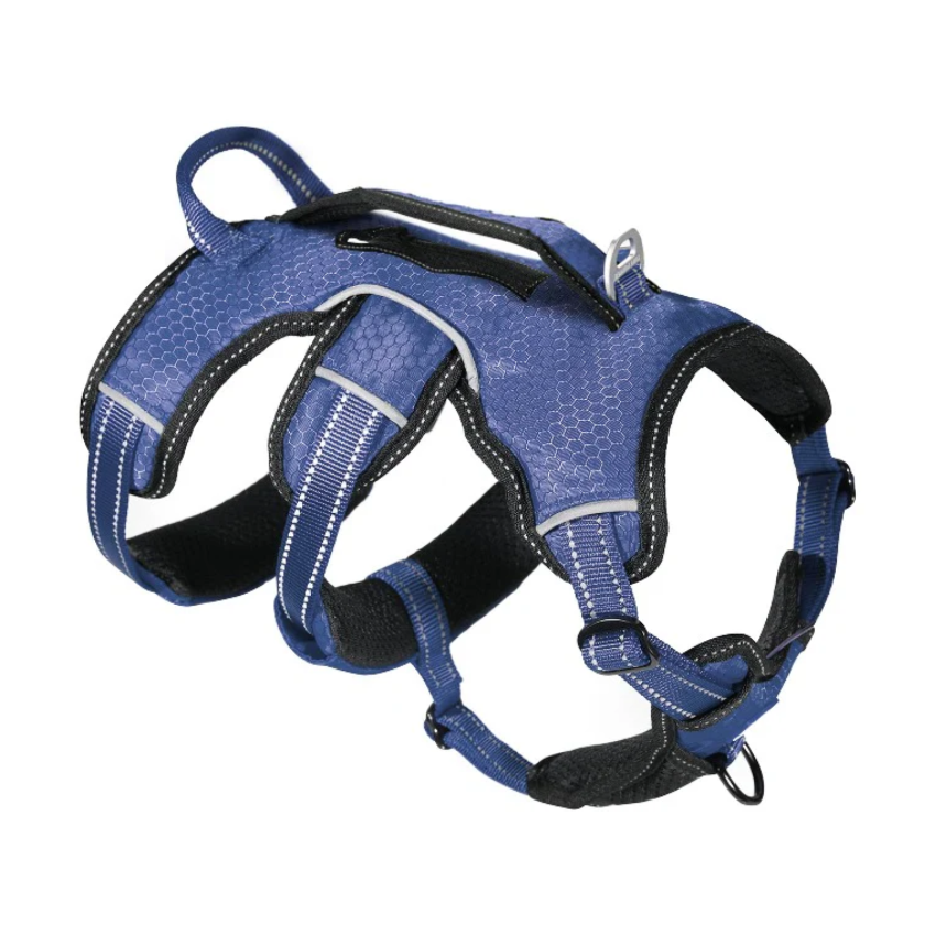 TRACKER HARNESS from TUFF PUPPER. 2 adjustable girth straps, an adjustable neck strap, front & back leash attachment points, reflective trim & stitching, 2 handles, and 6 color choices. Fits girths 13-40 inches. Good choice for escape artists! ~$25-3