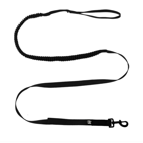TOURING BUNGEE WD from NONSTOP DOGWEAR. Bolt snap carabiner, elastic to lessen sudden impacts, available in black or olive, 0.9 inches wide, and 2.8 meters long (~9 ft). $57