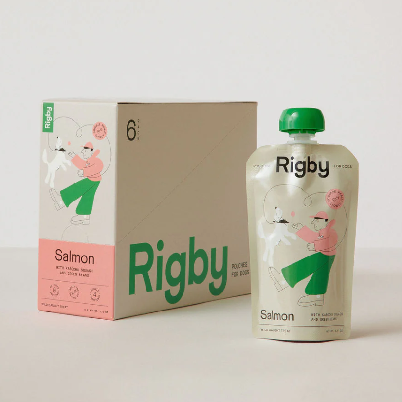 Rigby Pets Salmon Squeeze Pouch - 109 kcals/pouch. Also available in Chicken (78 kcals/pouch) and Beef (63 kcals/pouch)