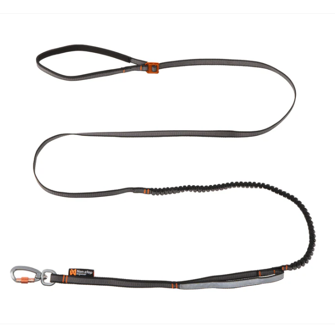 TOURING BUNGEE ADJUSTABLE from NONSTOP DOGWEAR. Twist-lock carabiner, elastic to lessen sudden impacts, reflective detailss, traffic handle, adjustable buckle on handle for modular use, choice of 0.5 or 0.9" width, and ~2.2 meters long (~7 ft). $60