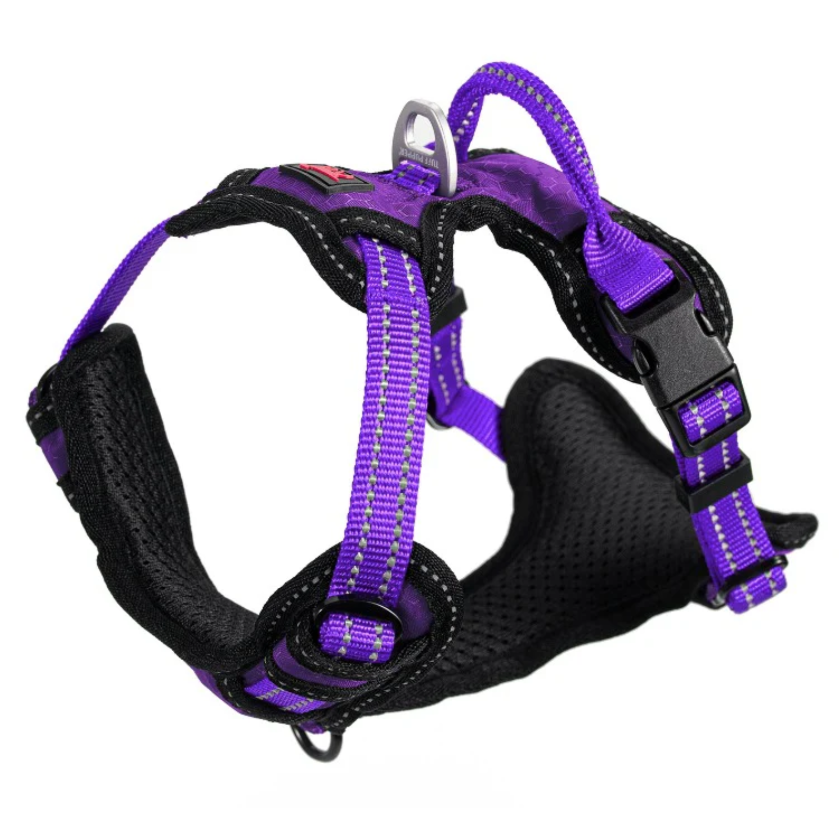 METRO HARNESS from TUFF PUPPER. Adjustable neck & girth straps, front & back leash attachments, a handle, reflective trim & stitching, & 5 colors. Fits girths 14-35 inches. $19-29