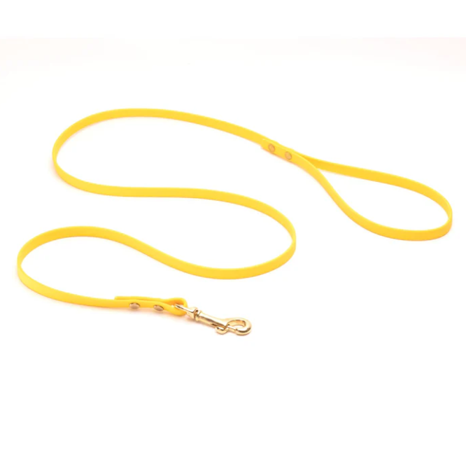 QUICK-SHIP BIOTHANE LEASHES from HIGH TAIL HIKES. Customizable length (4-50 ft), width (⅜, ½, ¾ inches), color choices, classic loop handle leash, and choice of bolt snap or auto-locking carabiner. $36+
