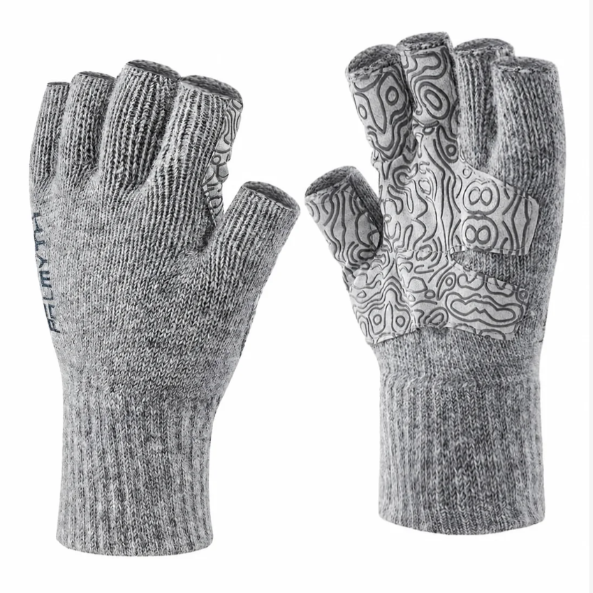pair of grey fingerless gloves