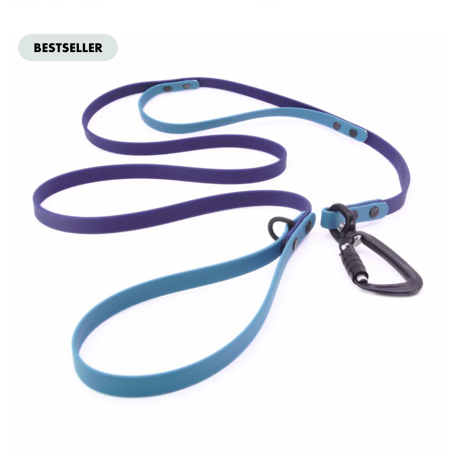 CUSTOM BIOTHANE LEASHES from HIGH TAIL HIKES. Customizable length (4-50 ft), width (⅜, ½, ¾ inches), color choices, option to add a traffic handle, choice of scissor/bolt snap or auto-locking carabiner, & multi-color options. $36+