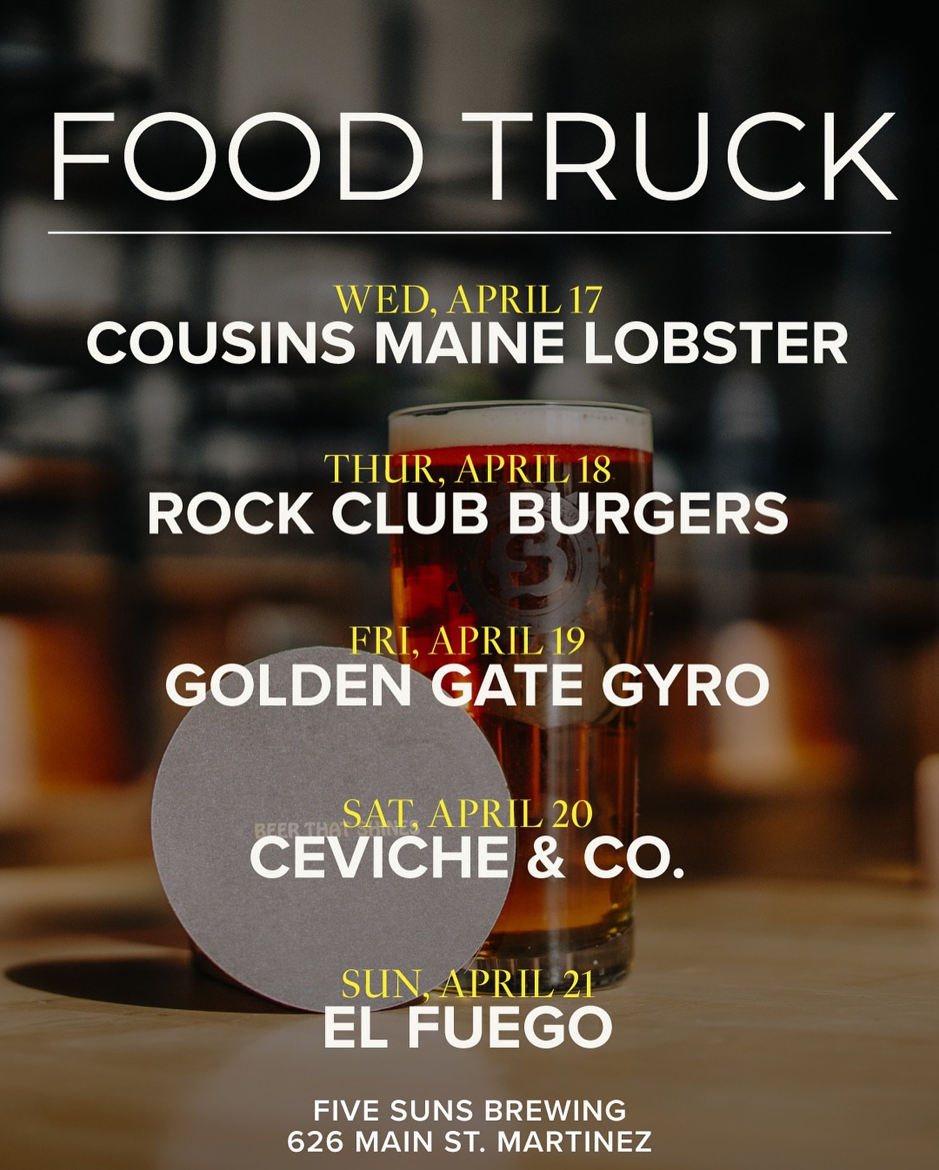 This week&rsquo;s line up for food trucks. Grab a beer and get some food!