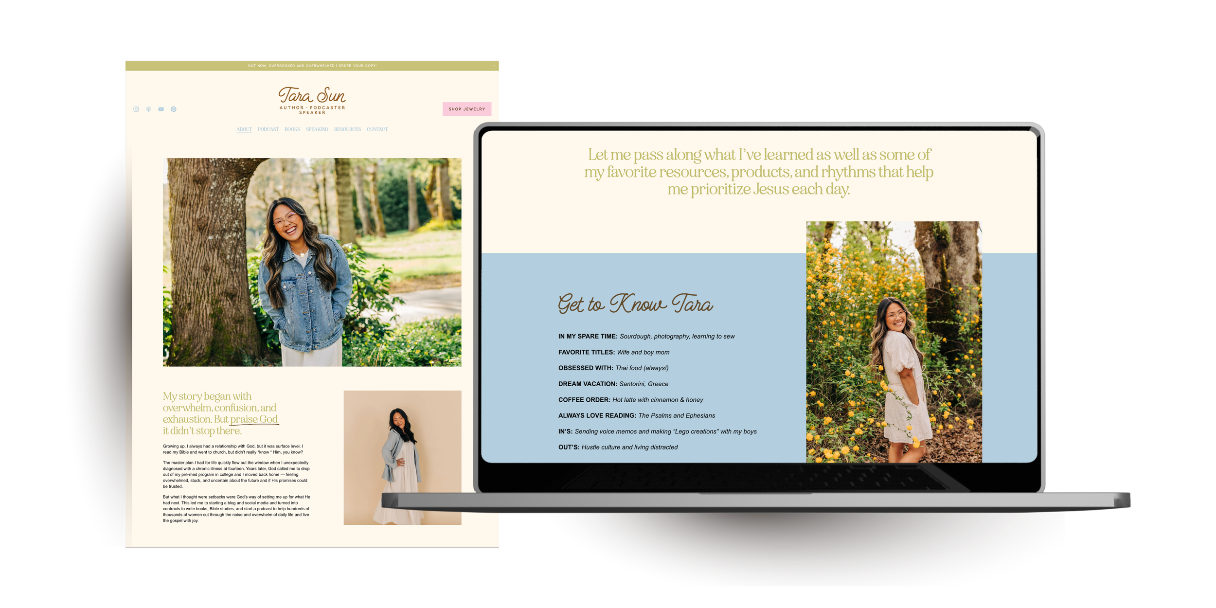 screenshot of Tara's website, a full page screenshot, and then a mock up version as if you were looking at her website on a laptop