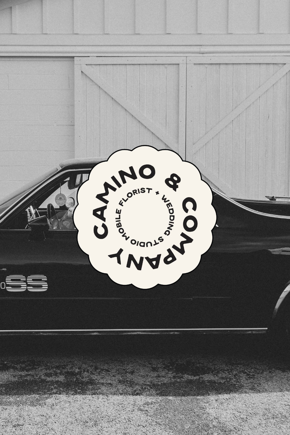 Wedding florist website design for Camino & Company featuring romantic wedding photography, playful typography, bold orange “Weddings” headline graphics, and soft pastel accents highlighting a joyful, personality-driven rebrand.