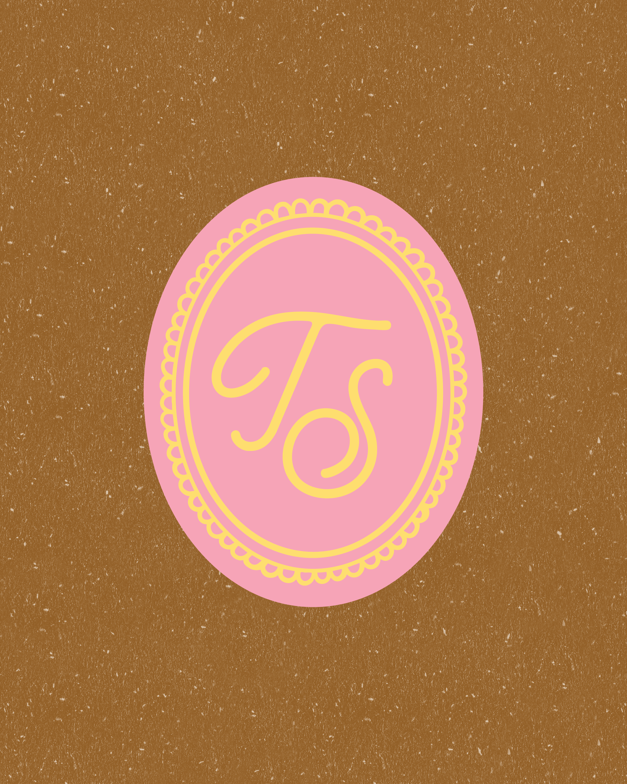 Pink oval monogram with a decorative scalloped border and the initials ‘TS’ in yellow script, set against a textured brown background.