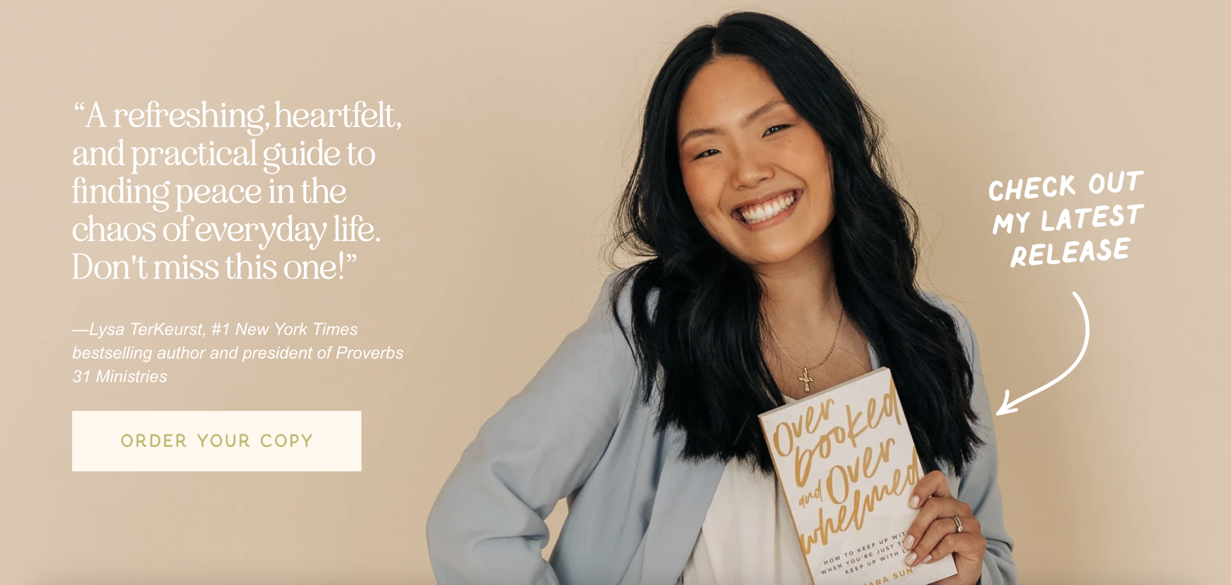 a screenshot of Tara Sun's website where she is holding her book "Overbooked and Overwhelmed" and asking people to order
